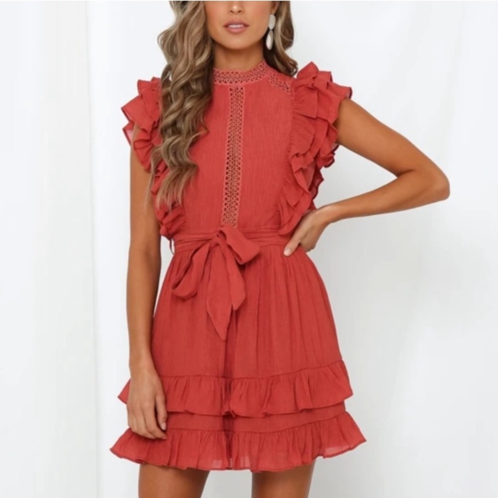 Indikah Womens Size XS Rust Layered Ruffles High Neck Mini Dress Lace Inserts